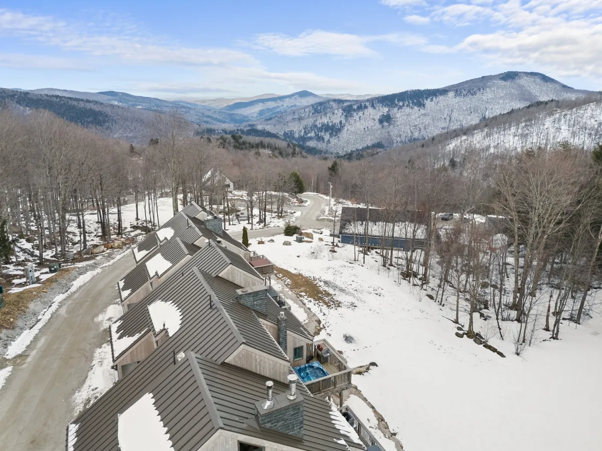 A tranquil exterior scene showing a row of houses set against snow-covered ground, with distant mountains and a road winding through trees. The landscape evokes a peaceful and nature-filled environment, ideal for outdoor activities like hiking and nature walks. The setting suggests direct access to wooded trails and a serene escape for both people and pets.